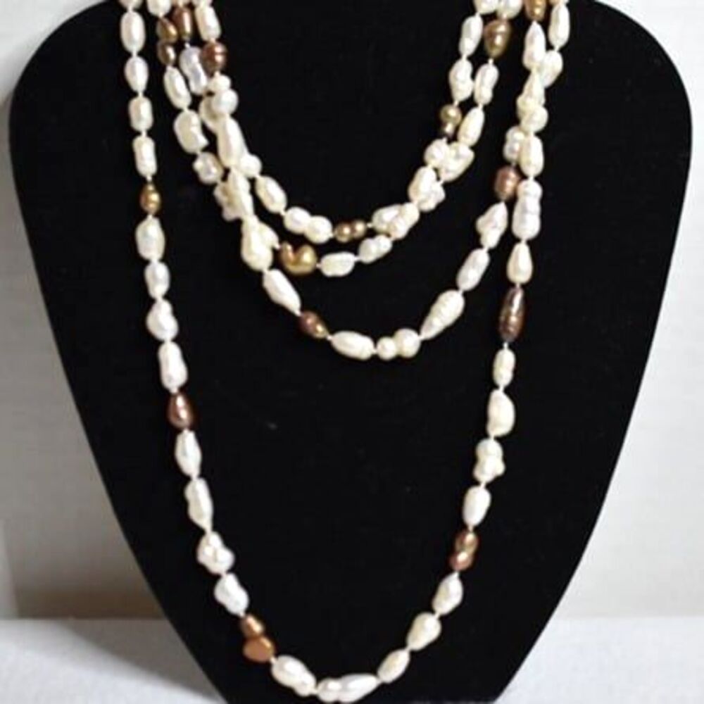 Classy Chic Single Strand Faux Rice Pearl 72 Inch White Brown Necklace Like New